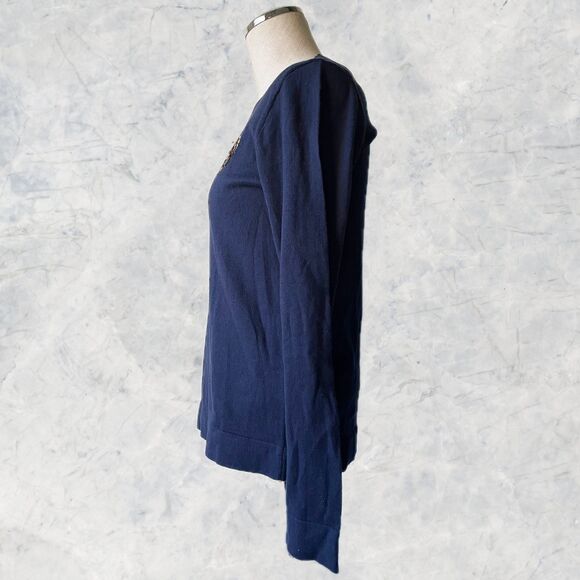 J Crew Teddie Navy Sweater Sequined Heart Crew Neck Long Sleeve Cotton-Women's S - Picture 5 of 8